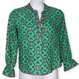 Nimo With Love Linen Top Size M Boho Ikat Green Pink Embroidered Peasant Blouse